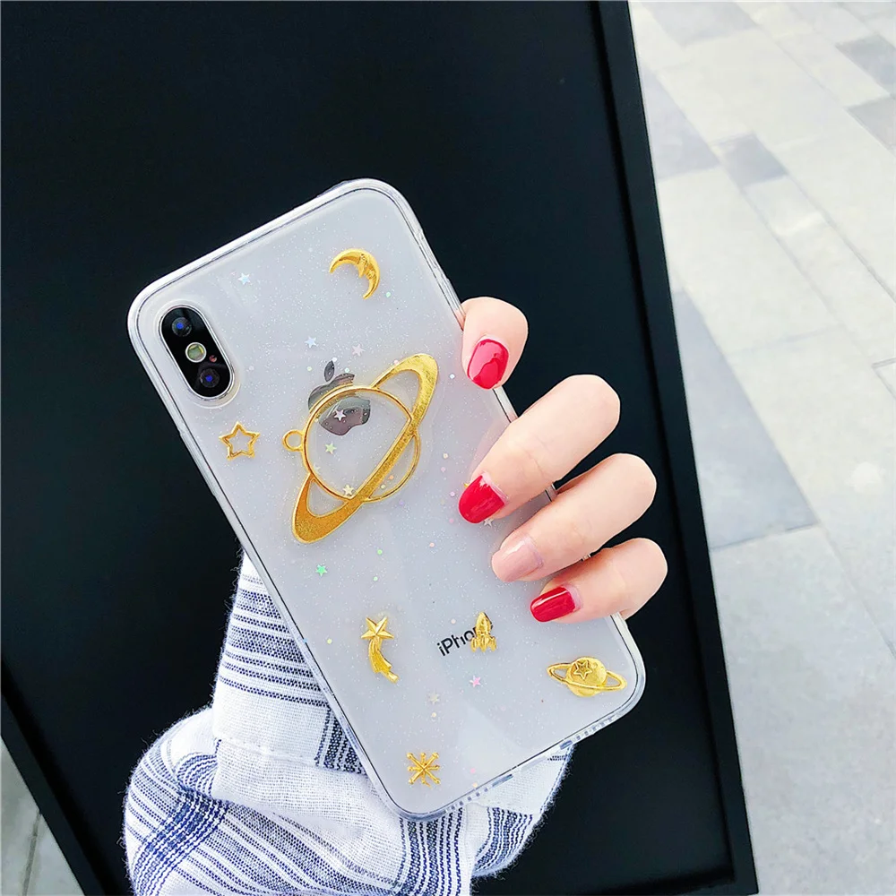 Universe Epoxy Phone Case For iPhone 6 6s 7 8Plus X XS MAX Fashion Cute 3D Planet Moon Star Transparent Soft TPU Back Cover Gift |