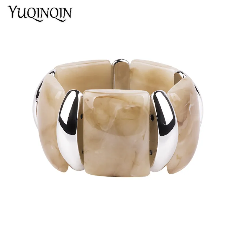 

Classic Rectangle Resin Cuff Fashion Bracelets Bangles for Women Stretch Acrylic Silver Metal Wide Bracelet Female Charm Jewelry