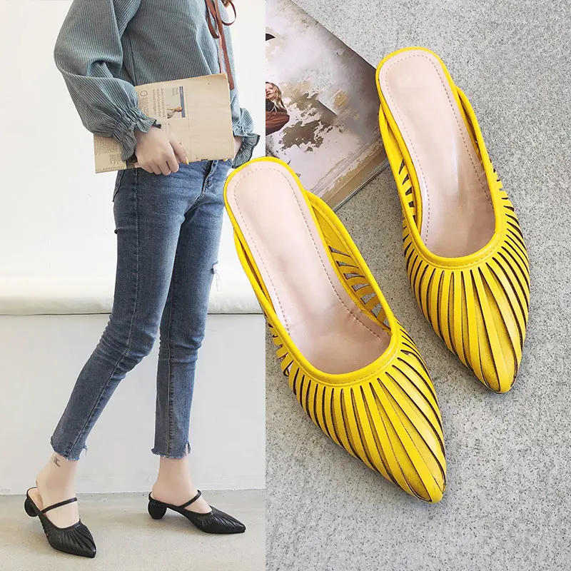 

Summer Women Slippers Pointed Toe Mules Slip On Low Heel Shoes Fashion Stripe Slides Female PU Leather Strange Style Sandals