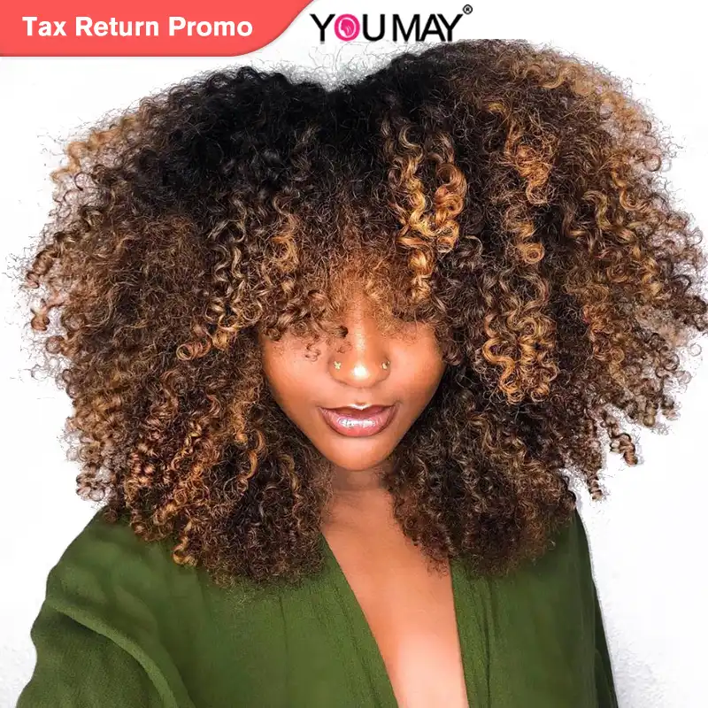 Short Human Hair Wig Ombre Blonde Kinky Curly Lace Closure Wig For