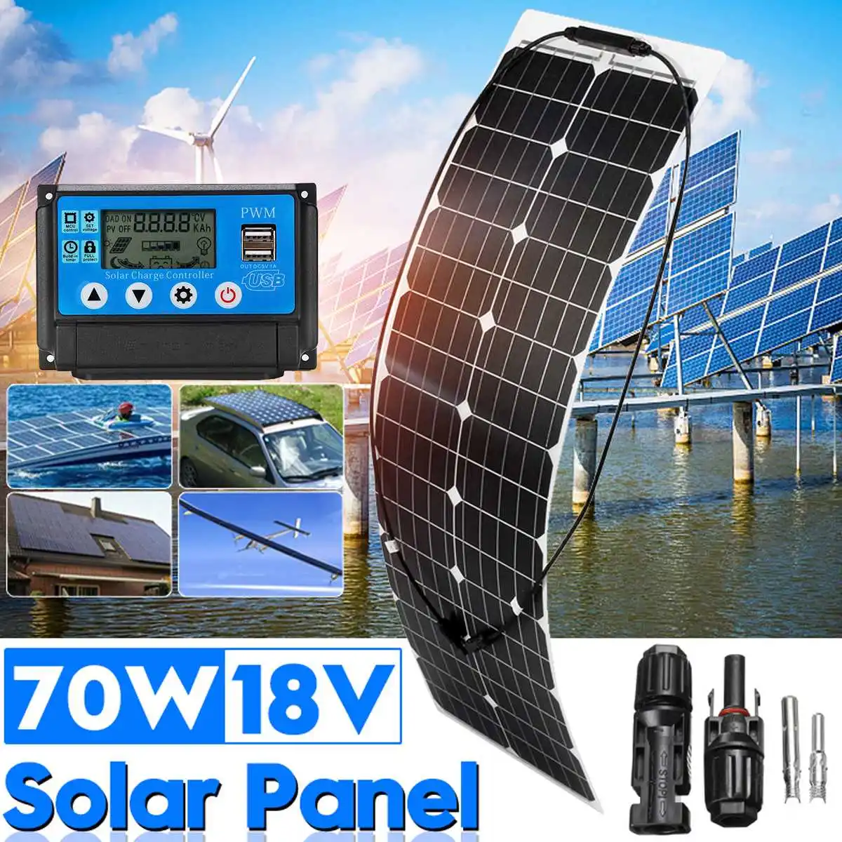 

70W Solar Panel Solar Battery+10/20/30/40/50A PWM Regulator Controller Solar System Kits for Light Charger Fishing Boat Camping