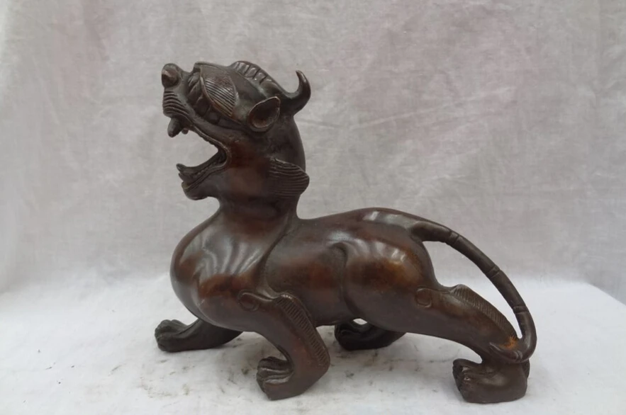 

S4048 10" Chinese Bronze Animails Protect FengShui Dragon Unicorn Beast Statue Set D0317