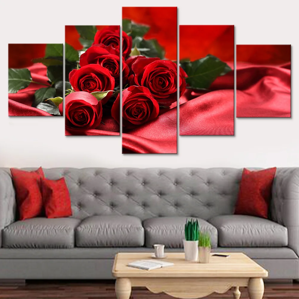 

Painting Modern Art Print Live Wall 5 Pieces/Set Red Rose Photo Canvas Tableau Frame HD Decoration Modular Picture Poster