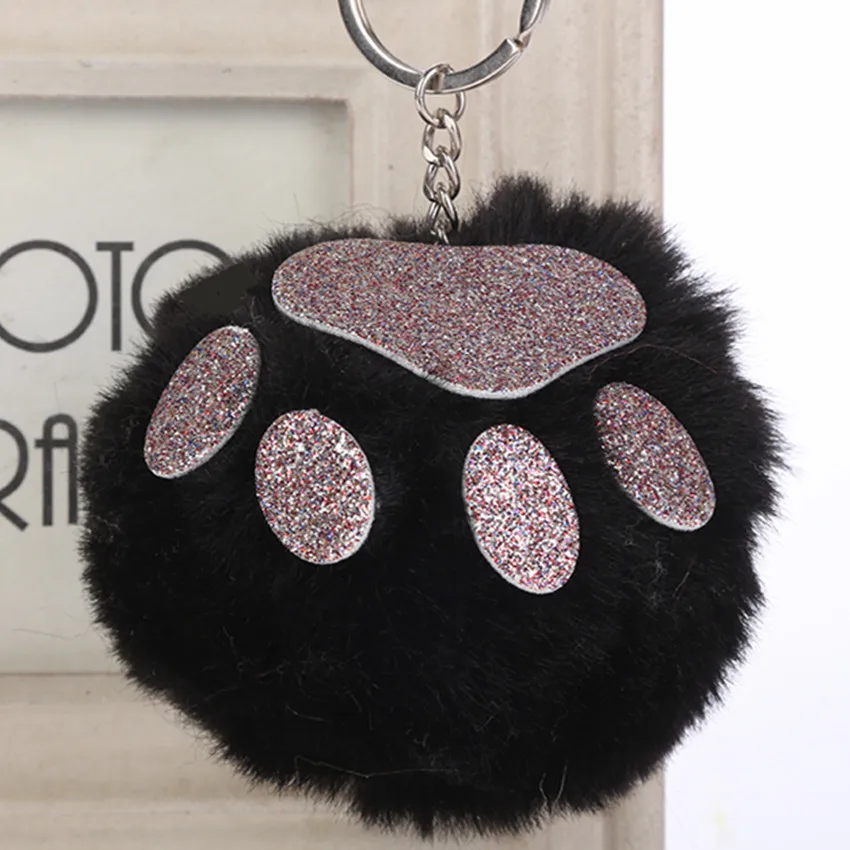 

Doreen Box Cute Paw Pompom Plush Ball Keychain Key Ring Silver Color Animal Imitation Rabbit Fur Multicolor Bags Pendants 1 PC