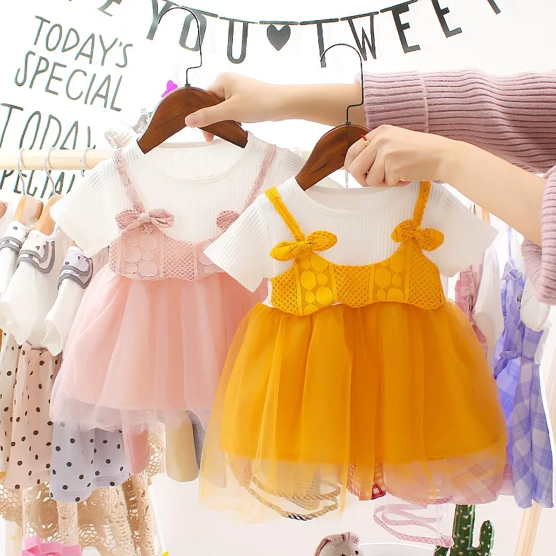 

Summer New Girl Princess Dress Fake 2 Piece Toddler Mesh Design Short Sleeve Comfortable Breathable Cotton Beach
