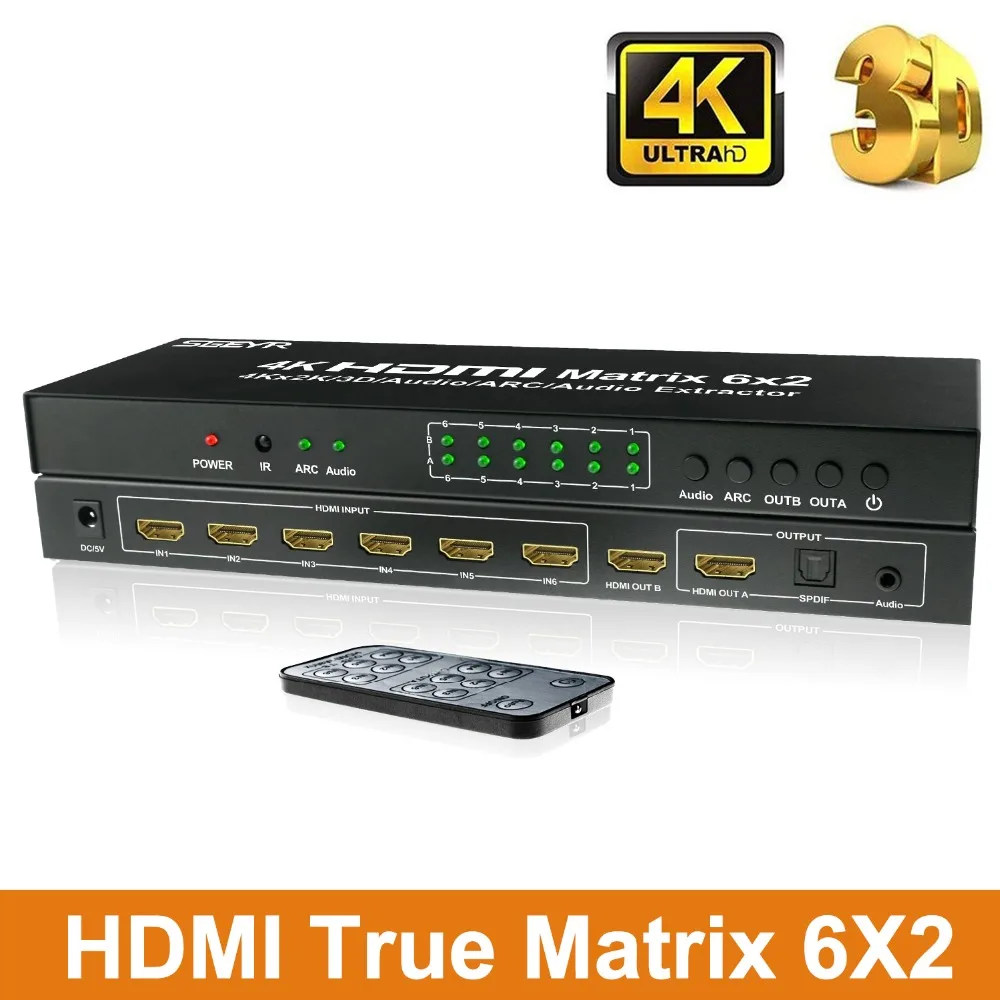 Matriz de 6 puertos HDMI, divisor de interruptor HDMI, 6 entradas y 2  salidas con mando a distancia IR, soporte óptico ARC SPDIF y salida de  Audio de 3,5mm|hdmi matrix|audio output3.5 mm