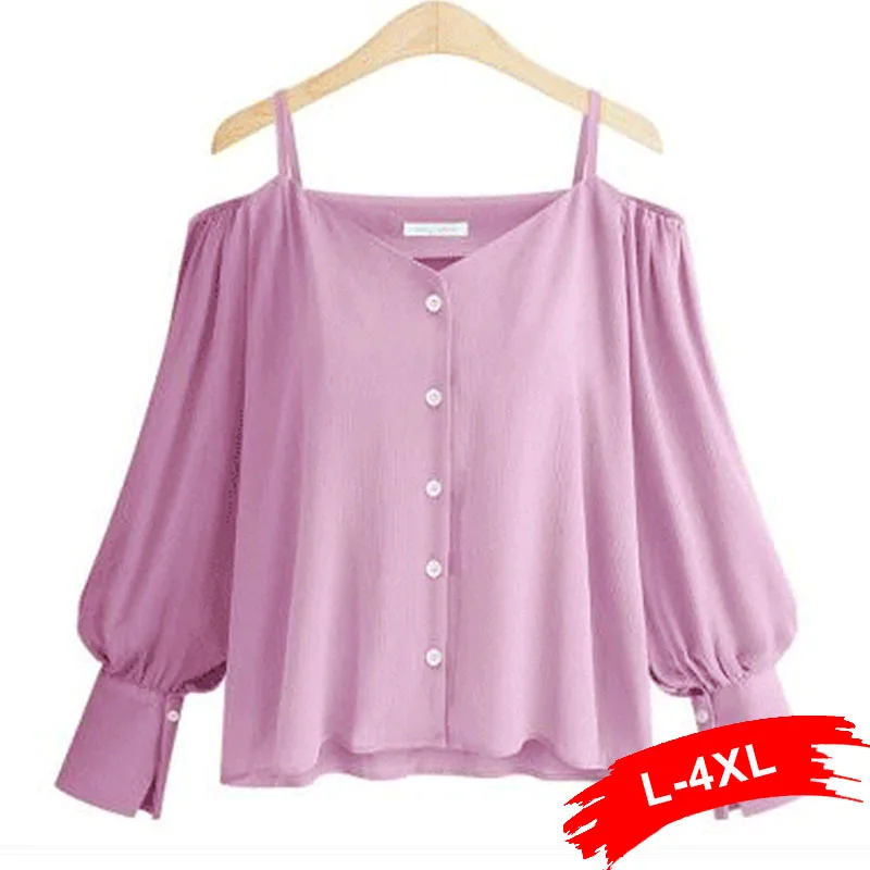

Plus Size Off Shoulder Long Sleeve Button Up Lavender Blouse 5Xl 4XL Summer Streetwear Cold Shoulder Slash Neck Weekend Shirts
