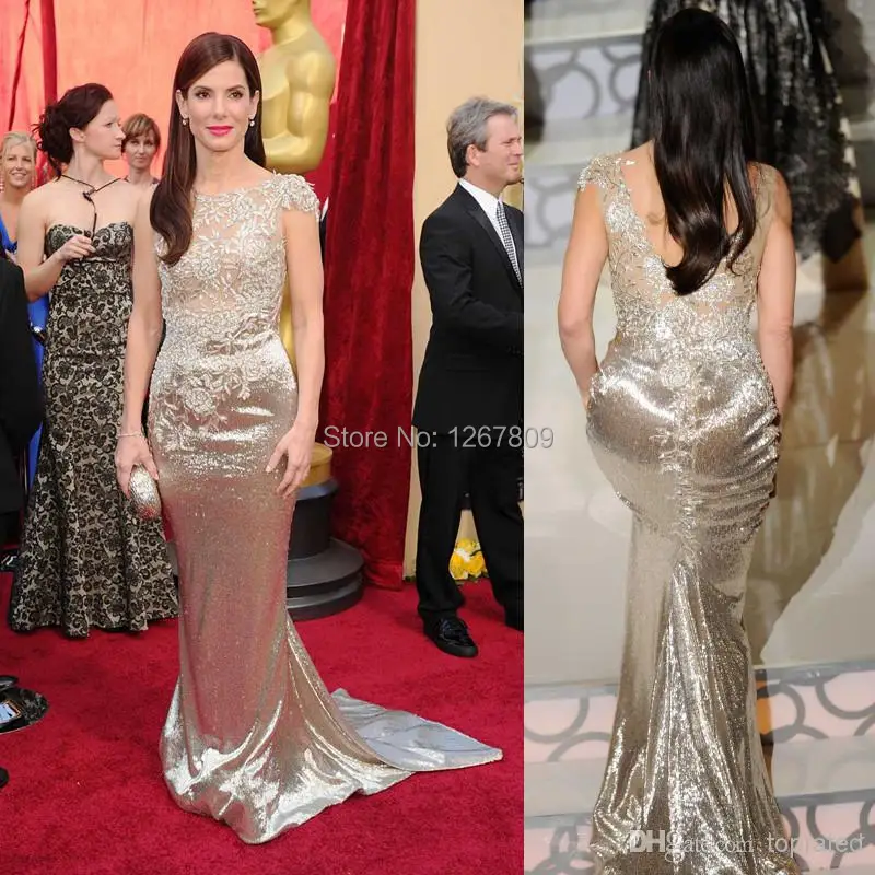  Oscars SANDRA BULLOCK Red Carpet Gown 2014 Celebrity Dresses With Cap Sleeves Trumpet Sequins Lace Appliques