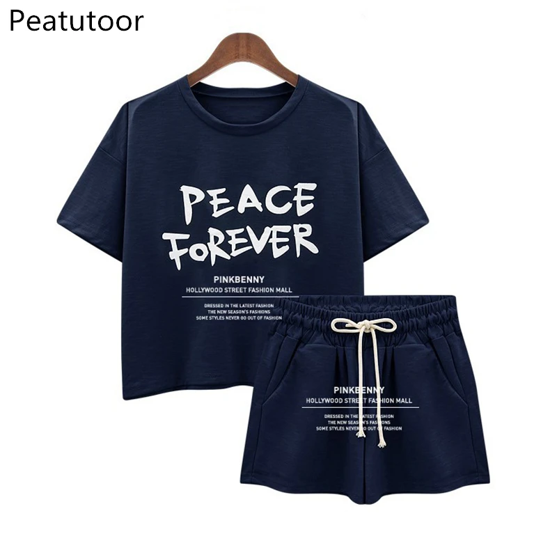 

2018 Women Summer Casual Cotton Letter O-neck short sleeve tops + shorts two piece set Female Office Suit Set Women's Costumes