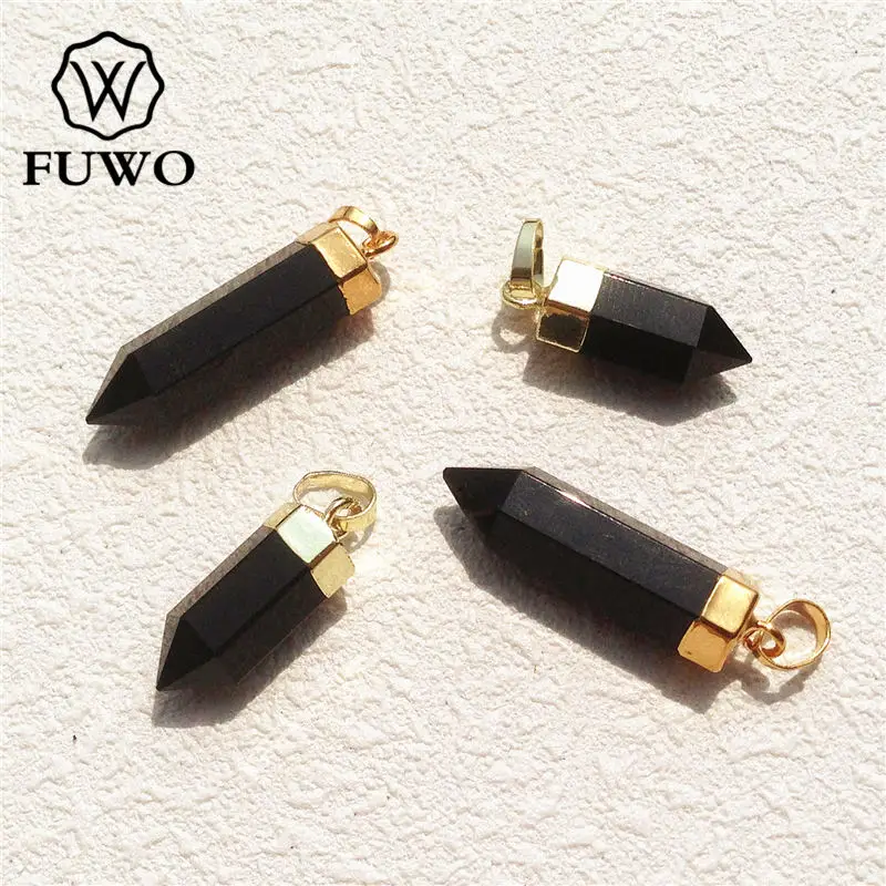 

FUWO Black Agates Point Pendant 24K Gold Electroplated High Quality Spike Shape Natural Quartz Stick Jewelry Wholesale PD120
