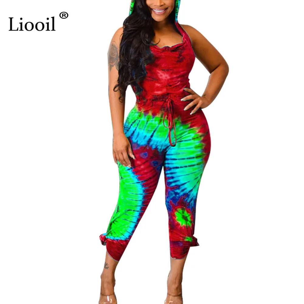 Liooil Tie Dye комбинезон с капюшоном с открытой спиной сексуальный комбинезон Колготки Новое поступление Bodycon Вечерние Клубные Комбинезоны женские Комбинезоны Шорты