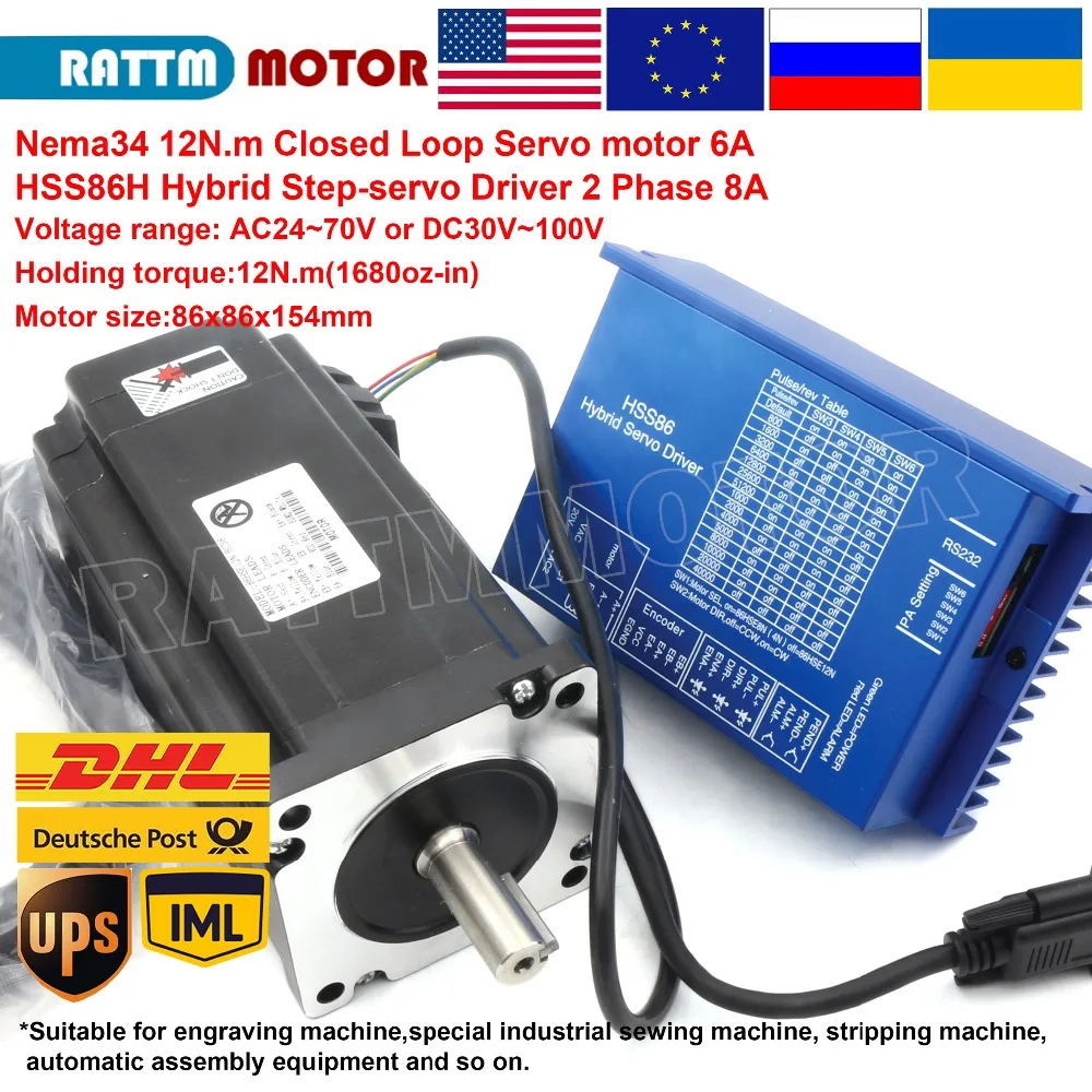 

EU Ship Free VAT Nema34 12N.m Closed Loop Servo motor 6A L 154mm & 2HSS86H Hybrid Step-servo Driver CNC Controller 8A