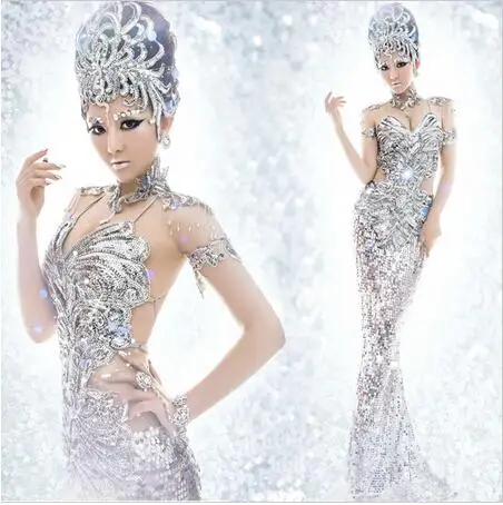 

Fashion sexy Lady Stage Women Headdress Slim Hip Coverall Female Singer Dance Jazz Dance Costume Stage Wear