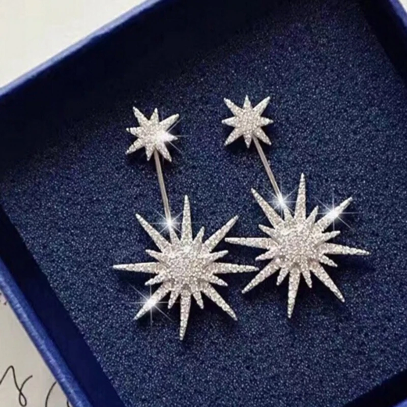 

UILZ Shiny Cubic Zirconia Double Star Snowflake Earrings For Women Hexagram Ear Jacket wedding Jewelry Mismatch Style UE684