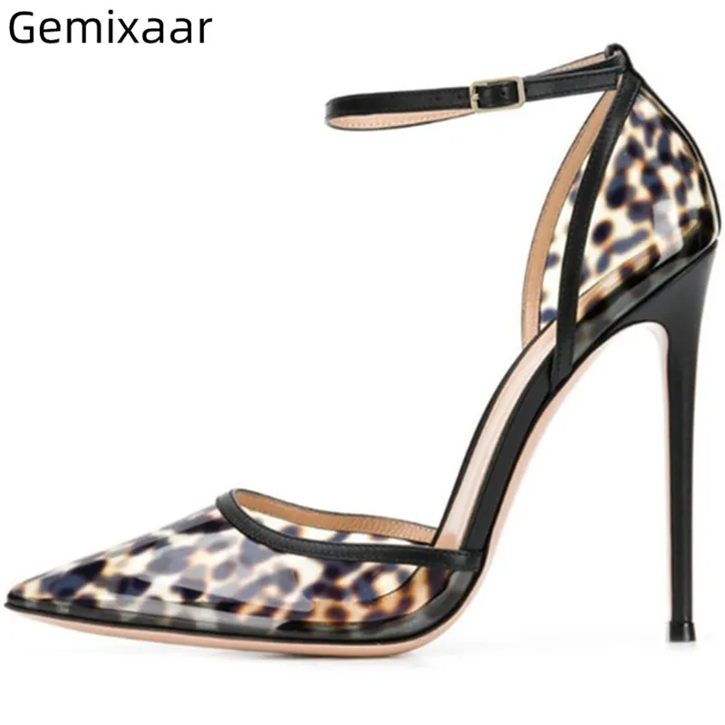 

Leopard PVC Shoes Woman Pointy Toe Narrow Ankle Buckle High Stiletto Heels Sandalias Sexy Leopard Clear PVC Woman Sandals Mujer