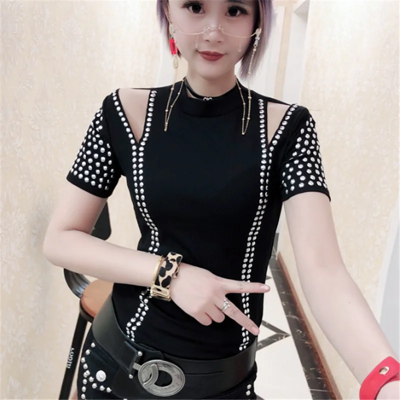 

Hot Diamond T-Shirts 2019 Summer New woman Short Sleeve Rhinestone tshirt Women Tops plus size xxxl vetement femme black tees
