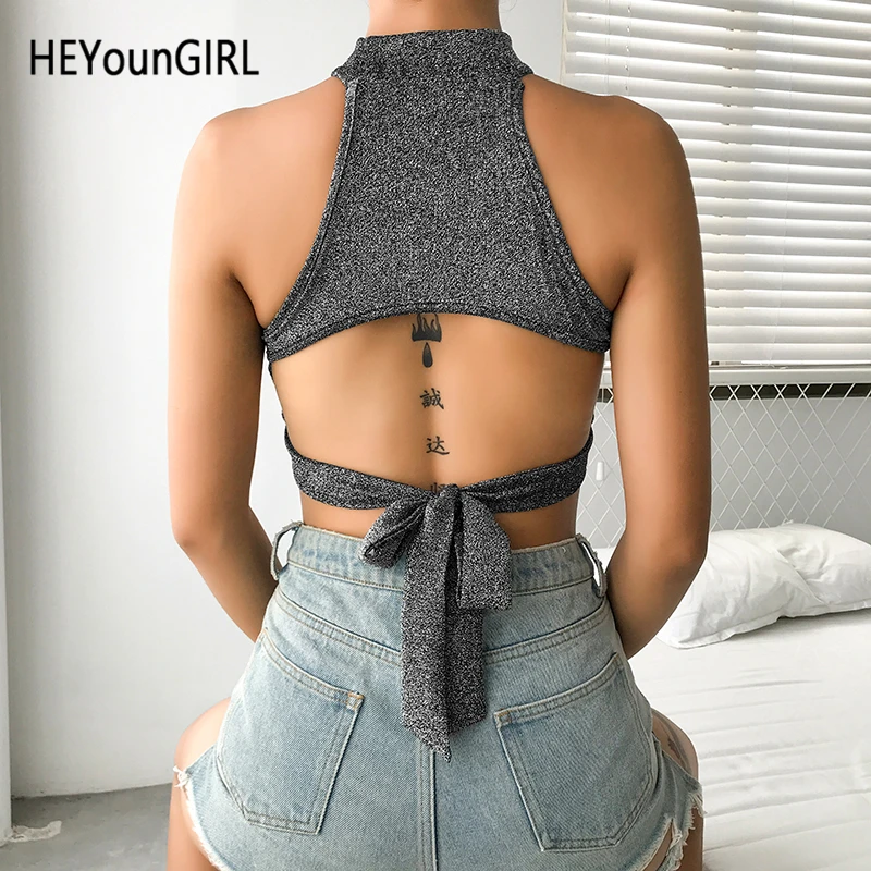 HEYounGIRL без рукавов с низким вырезом на спине Для женщин топ бретелях люрексом