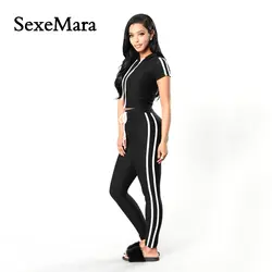 SexeMara/2018 для женщин s спортивный костюм комплект летний пуловер с капюшоном укороченный топ и длинные штаны комплекты из двух предметов