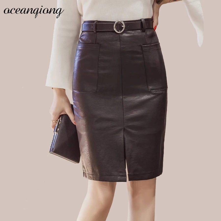 Otoño Faldas Para Mujer 2017 de Cuero de LA PU Sexy Dividir Pocket Alta cintura Mujeres de La Falda Mini Falda Lápiz de Cuero Negro Más Tamaño cinturón