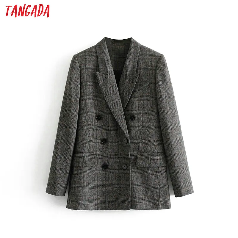 

Tangada women checked double breasted suit jacket designer blazer new arrival women pockets work wear utwear 3H33