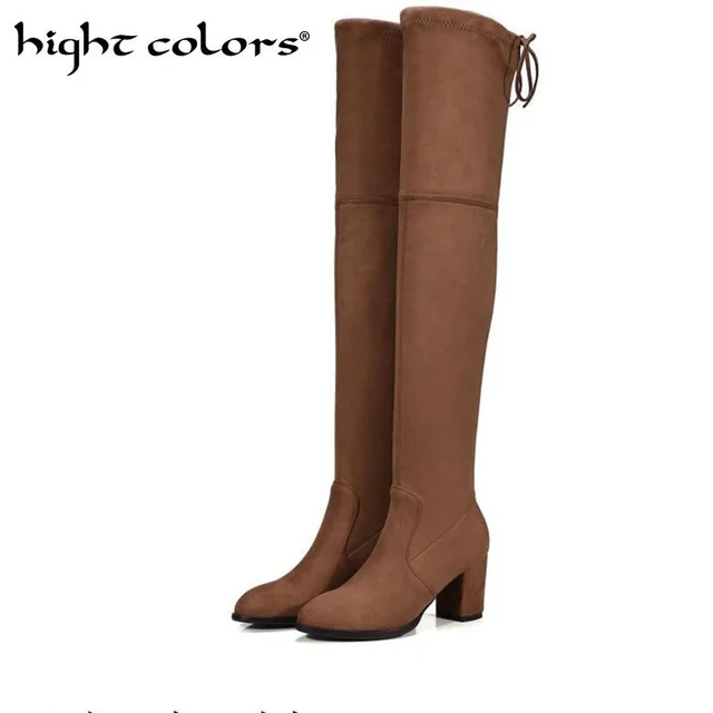 New Womens Micro Suede Thigh High Boots Block Thick Heel Stretch New Womens Micro Suede Thigh High Boots Block Thick Heel Stretch Over The Knee For Woman Plus Size Wine Beige