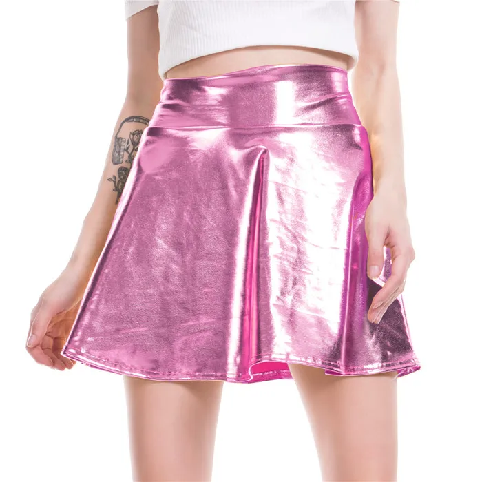 ПУ блестящие цвета металлик Сексуальные облегающие мини-юбки для женщин Высокая талия А-силуэт Расклешенная юбка новая мода лето уличная короткая юбка - Цвет: Розовый