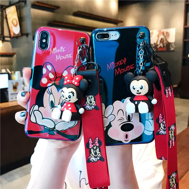 

Lanyard rope design mickey and minnie phone case IMD blue ray soft tpu Back Cover Case for iPhone X 6 6S PLUS 7 7plus with rope