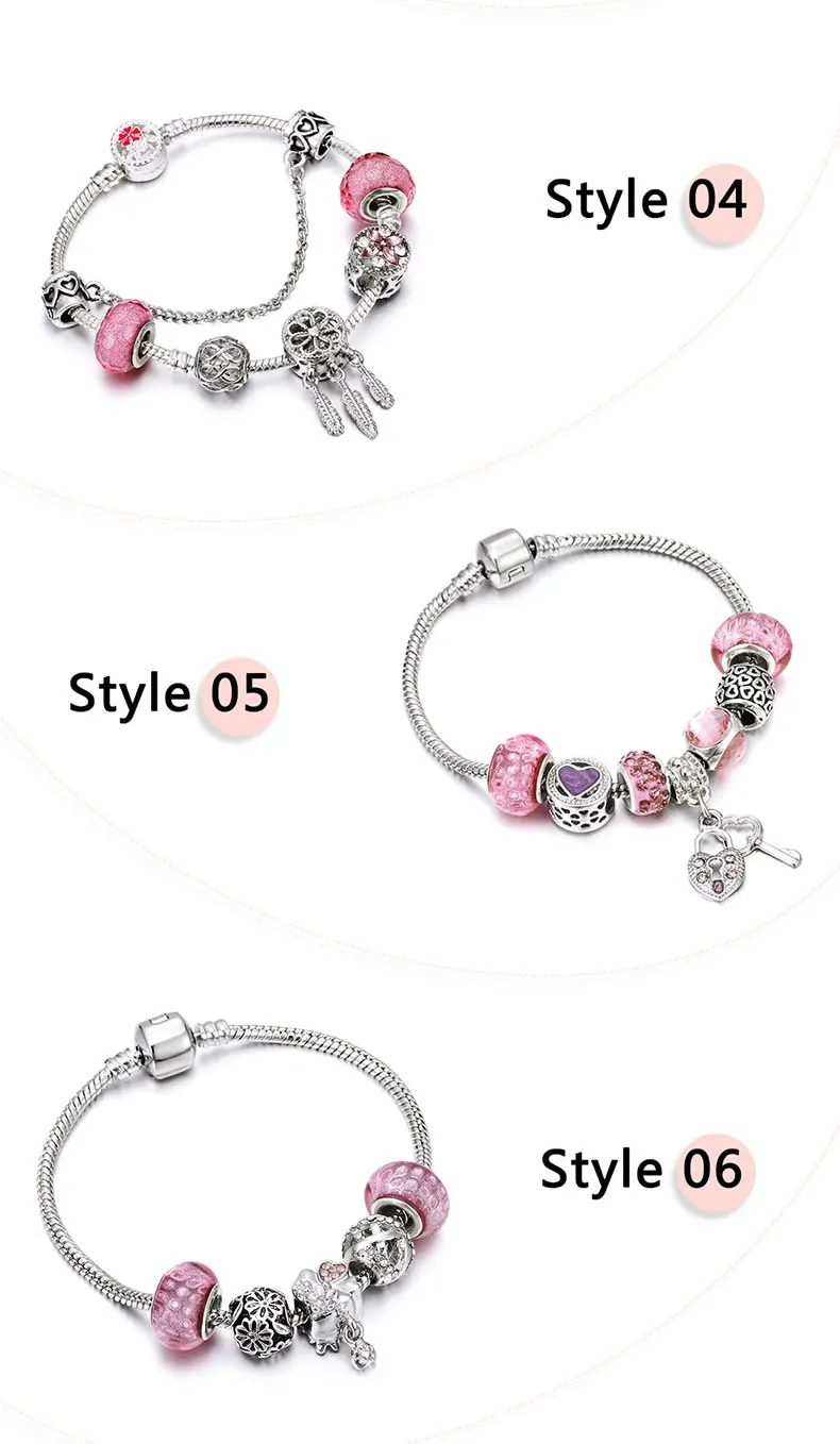 Модные серебряные очаровательные браслеты для женщин розовый кристалл цветок бусины ювелирное изделие, цепь в виде змеи Fit бренд браслет дропшиппинг