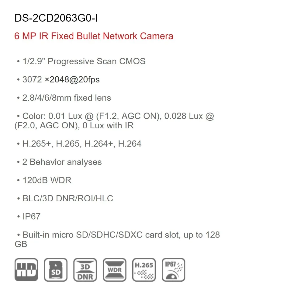 Hikvision, DS-2CD2063G0-I видеонаблюдения, 6MP, IP камера, система видеонаблюдения, уличная, POE H.265, домашняя, ночная версия, камера безопасности