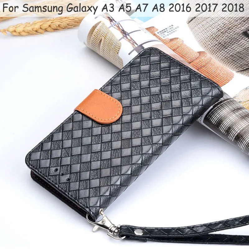 Чехол для Samsung Galaxy A3 A5 A7 A8 2016 2017 2018 Coque Роскошные ткань линии кожа флип чехол с