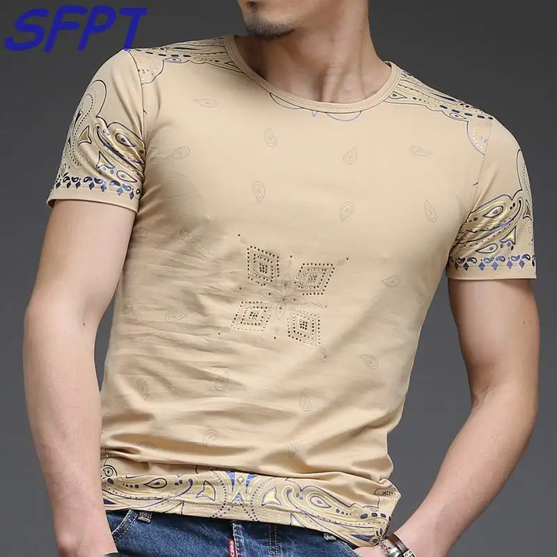 2017 Summer Mens Casual T Shirts O neck Apricot Petals Print Brand