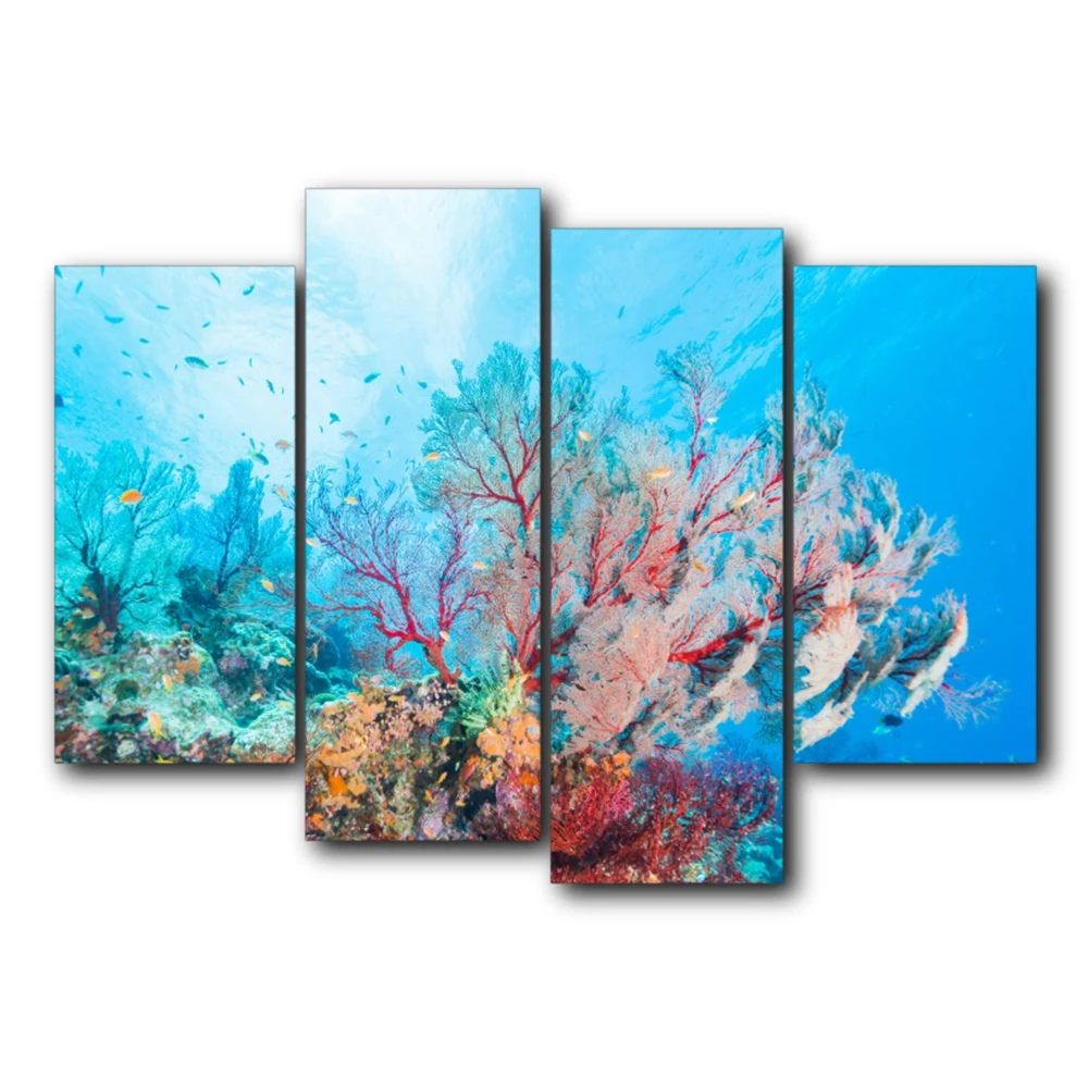 

4 Panel Vintage Underwater Coral Posters and Prints Abstract Canvas Wall Artwork For Home Living Room Decoration No Frame