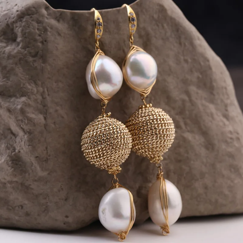 

925 sterling silver ear hook designer HANDMADE WOVEN Baroque long earrings
