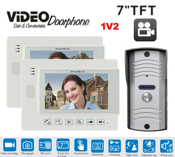 Видеодомофон ZHUDELE 1v2 с ЖК монитором 7 дюймов и sd картой 4 Гб|video door phone|wired video phonedoorbell