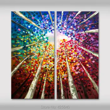 

2 Piece Hand Painted Palette Knife White Tree Oil Painting Wall Art Canvas Picture Modern Abstract Home Decor Living Room Set