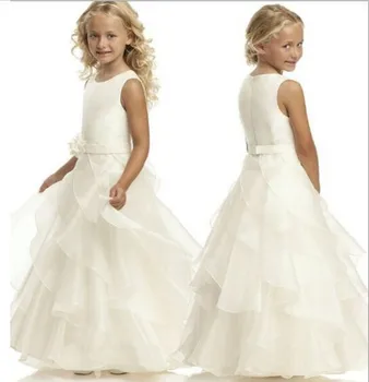 

New White Ivory Girls First Communion Dress Birthday Gown O Neck Solid Sleeveless Flower Girls Dresses for Wedding Pageant Gown