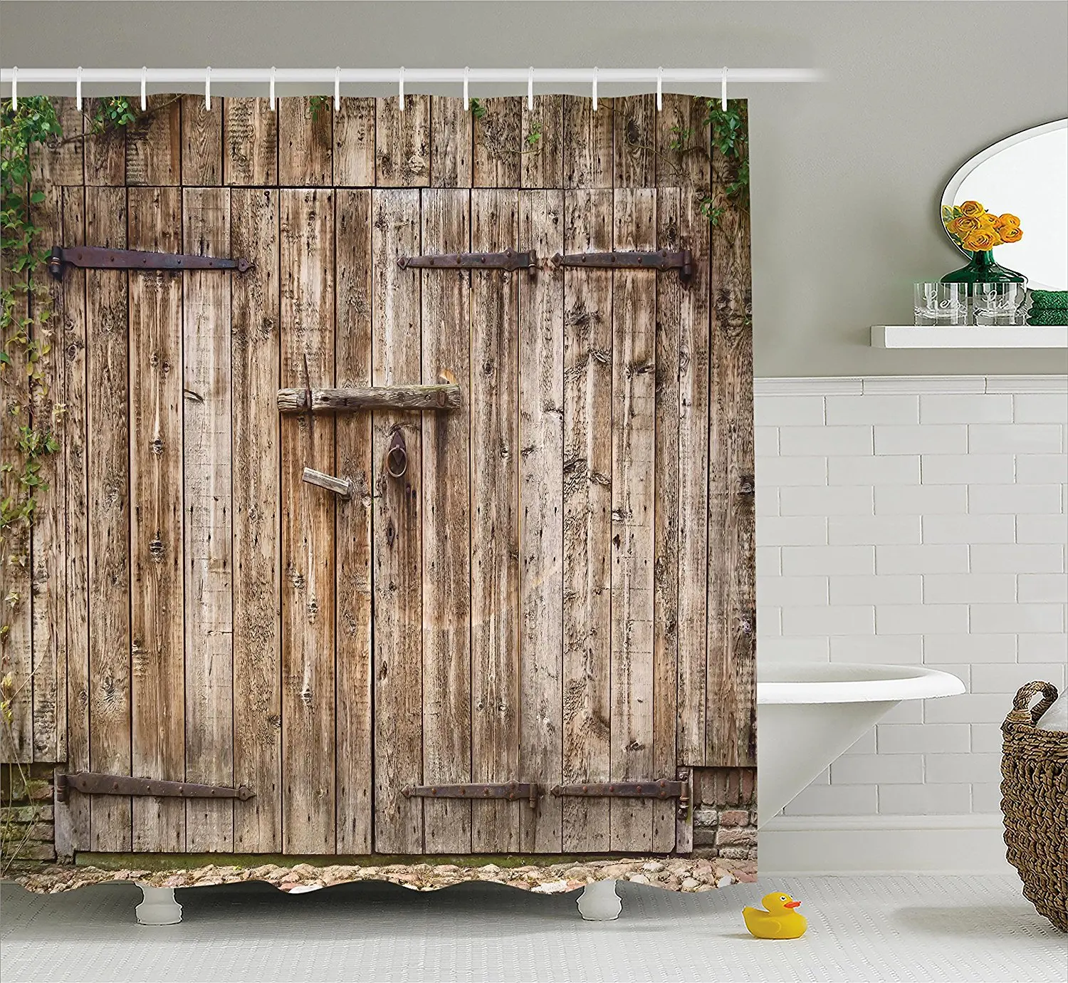 

Rustic Shower Curtain Old Oak Closed Garage Door with Steel Hinges Vintage Typical Cottage Doorway Image Decor