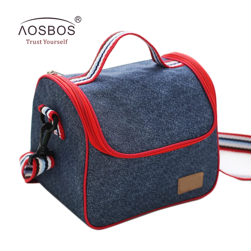 Aosbos Fashion Women Insulated Oxford Lunch Bag Cotton Denim Blue