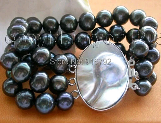 

free P&P >>>>> 8" 3rows Genuine Natural 12mm Black pearl Bracelet mabe pearl clasp