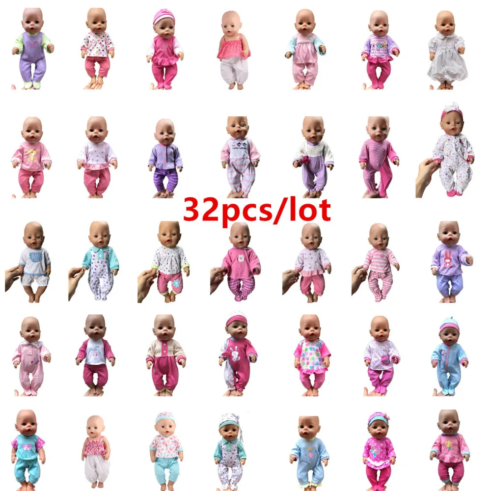 

Baby Clothes For Dolls Fit 43cm Baby Doll Wholesale 32PCS Different Outfits Jumpsuits Sleepwears Many Choices