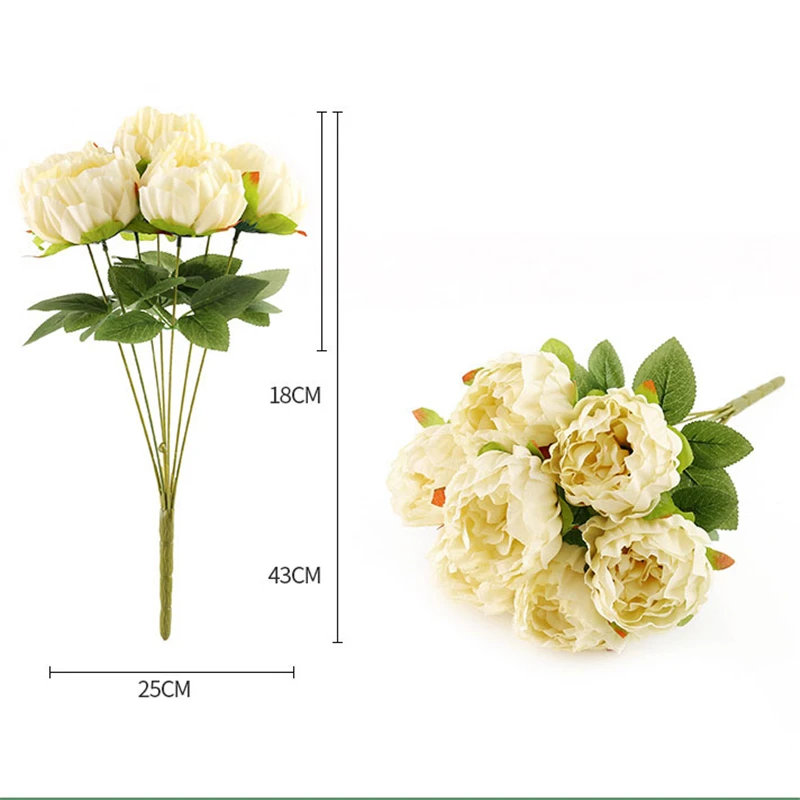 Light yellow artificial flower silk peonies bouquet fake peony rose wedding bouquet home decor