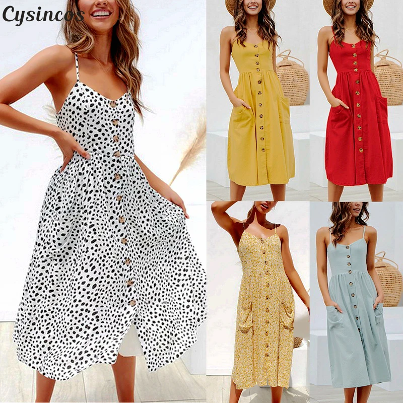 

Cysincos 2019 Fashion Summer Boho Women Sexy Dress Sleeveless Floral Boho Spaghetti Strap Button Down Midi Dress Pockets