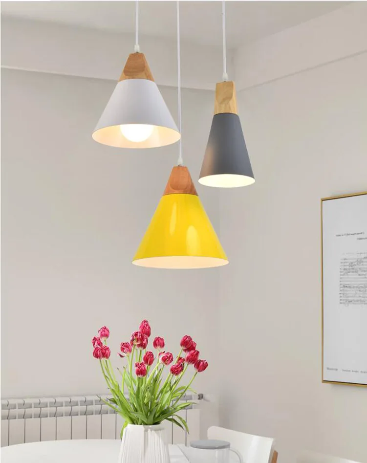 Pingente de Madeira Sombra de Alumínio da Lâmpada Pendente para Sala de Jantar Moderno Luzes Lâmpadas Lamparas Colorido Luminária - Restaurante Bar Café 3 Moderno Pingente De Madeira Luzes Lâmpadas Lamparas