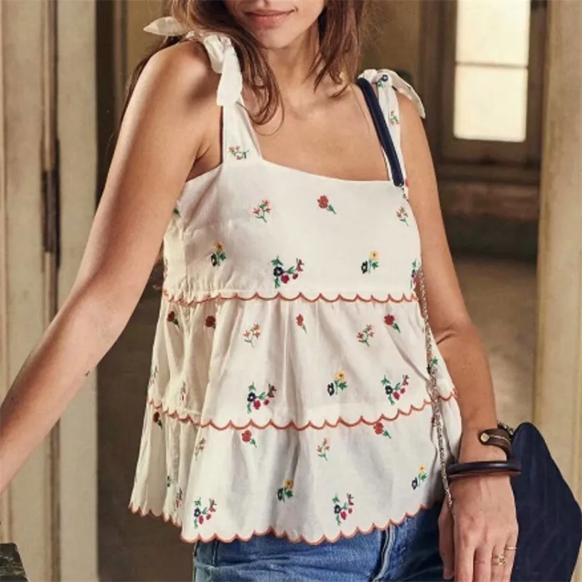 

Women sweet floral embroidery white blouse adjustable straps buttons sleeveless female casual chic tops blusas
