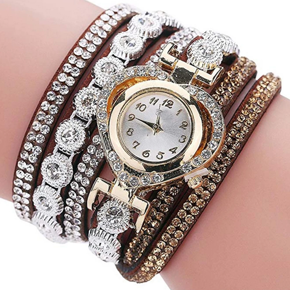 Women Watch Analogue Quartz With Rhinestone Armband Multilayers Bangle Extra Thin Crystal Decorated Heart Shape Casu | Украшения и