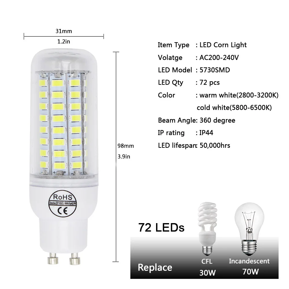 GU10 светодиодный кукурузная лампа 5730 SMD 220V 7 Вт 12 Вт 15 Вт 20 Вт 30 Вт светильник 24/36/48/56/72 SMD5730 Точечный светильник для дома энергосберегающие лампада Светодиодная лампа