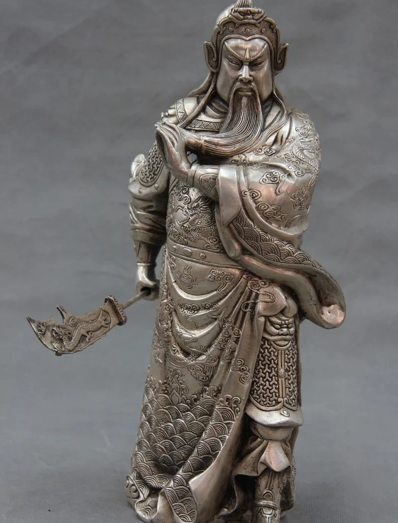 

China White Copper Bronze Silver Dragon Guan Gong Guan Yu Warrior Buddha Statue