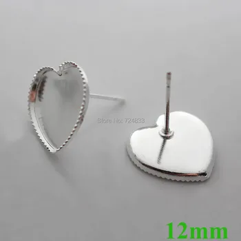 

Blank Earrings Bases 12mm heart Bezel Tray Glass Cabochon Brass Stud Earrings Post Settings Findings Silver tone Bulk Wholesale