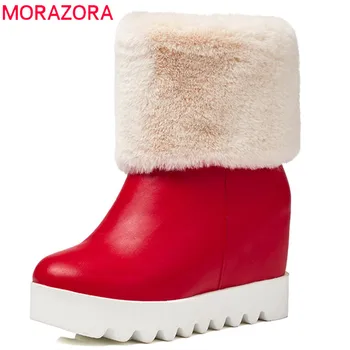 

MORAZORA 2019 new arrival keep warm snow boots women round toe pu wedges platform shoes slip on fashion winter ankle boots