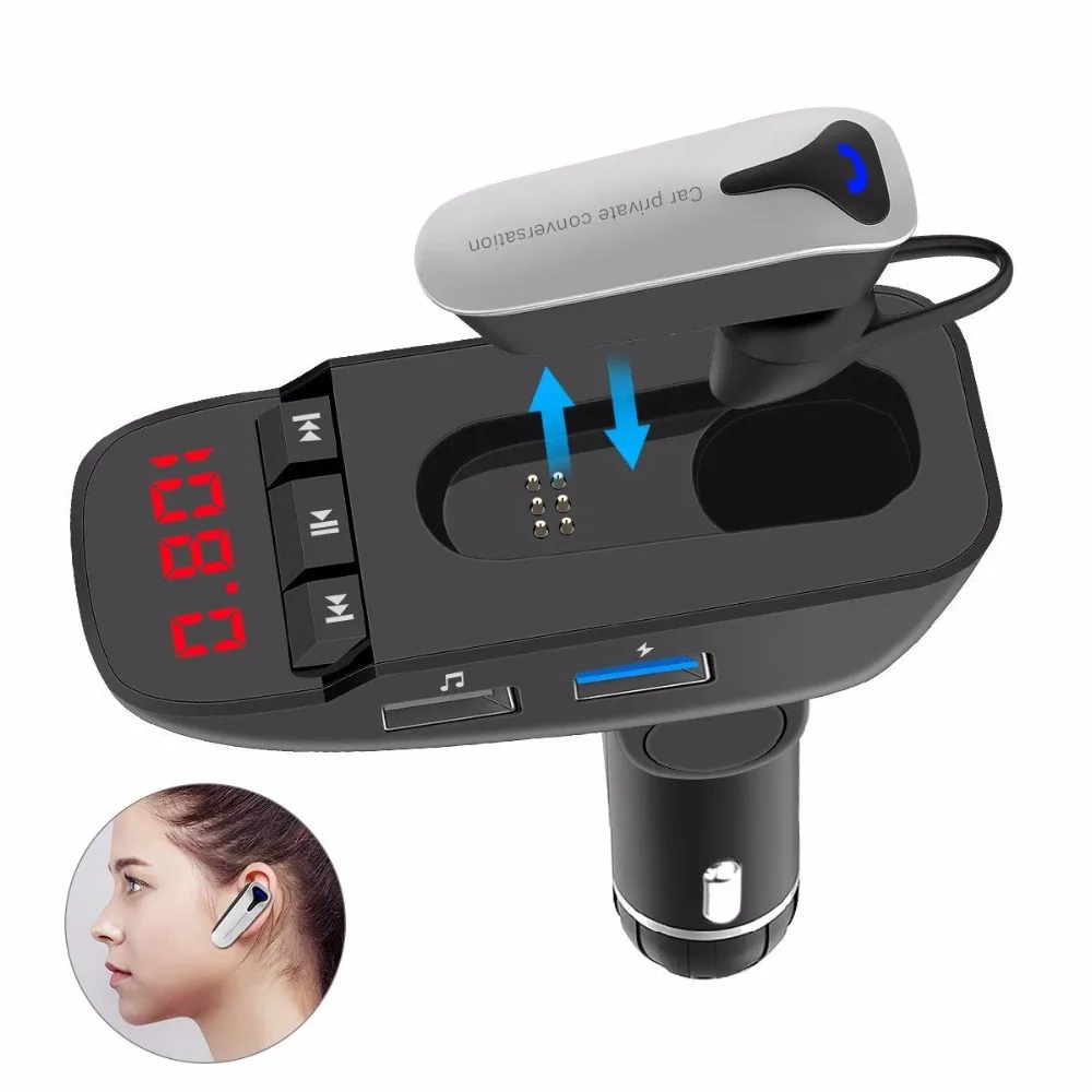 

FM Transmitter Bluetooth V4.2 Handsfree Car Kit + Headset Earphone FM Modulator Adapter Aux Output Inout Support TF Card U-disk